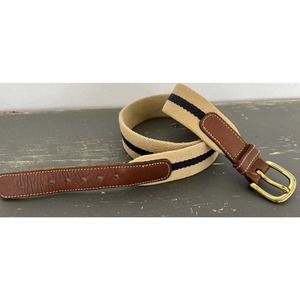 Brooks Brothers Web Belt Canvas Tan W/Navy Blue Stripe Leather Trim Brass Buckle